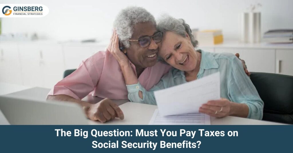 Retired couple reviewing financial documents together while discussing Social Security benefits.