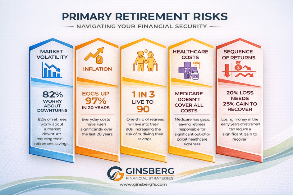user-inserted Infographic on primary retirement risks: Market Volatility, Inflation, Healthcare Costs, and Sequence of Returns, by Ginsberg Financial Strategies.