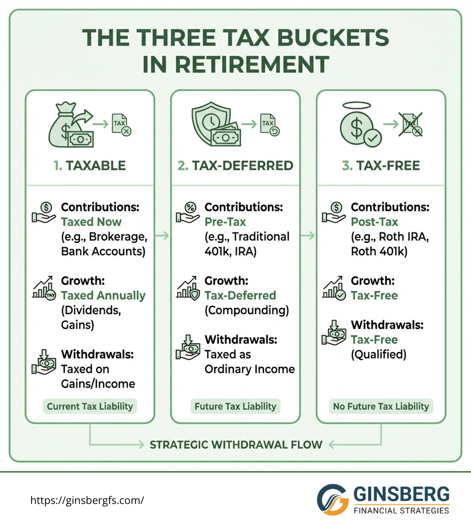 Illustration of the three tax buckets in retirement: taxable, tax-deferred, and tax-free income sources.