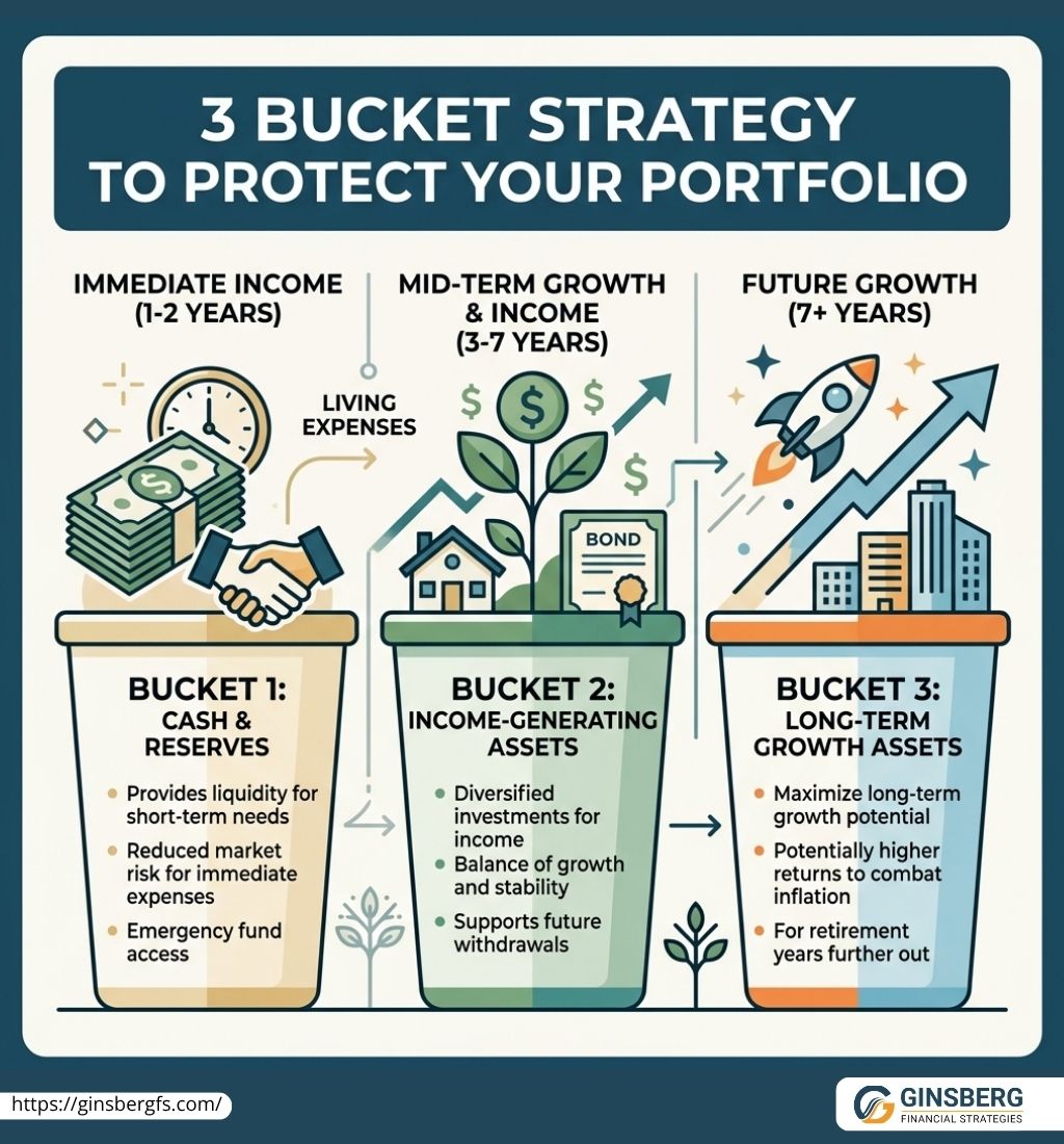 Infographic showing 3 bucket retirement strategy with cash reserves, income-generating assets, and long-term growth investments for portfolio protection