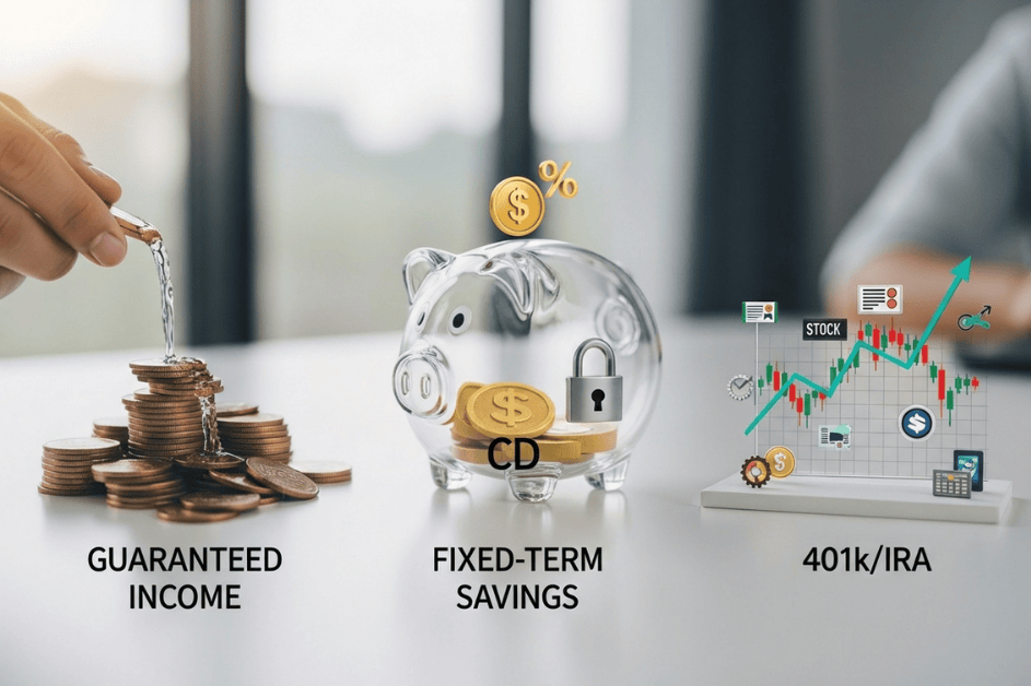 Image comparing three financial options for retirement: guaranteed income, fixed-term savings (CD), and 401k/IRA, illustrated with coins, a piggy bank, and a stock market graph.