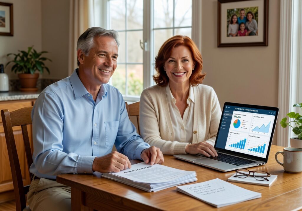 A couple sits at a table, focused on a laptop, engaged in conversation and sharing ideas.