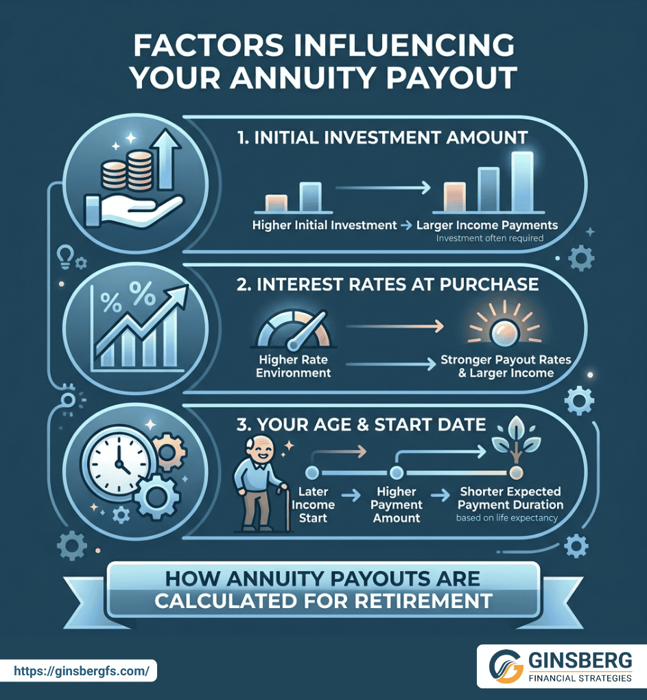 Infographic showing the factors influencing annuity payouts, including the initial investment amount, interest rates at purchase, and age & start date, with icons and text explaining how these factors affect the payout size for retirement planning.