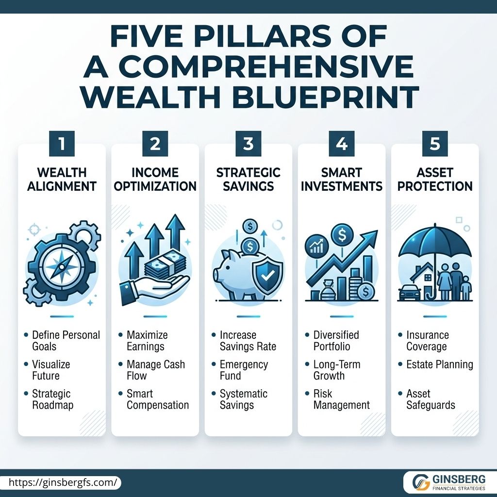 An infographic highlighting the five pillars of a comprehensive wealth blueprint: Wealth Alignment, Income Optimization, Strategic Savings, Smart Investments, and Asset Protection, with related icons and key strategies for each pillar.