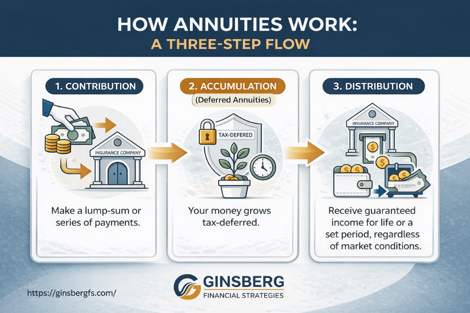 Infographic showing how annuities work in a three-step flow: Contribution, Accumulation, and Distribution with icons representing each step, along with a description of the process and Ginsberg Financial Strategies branding.
