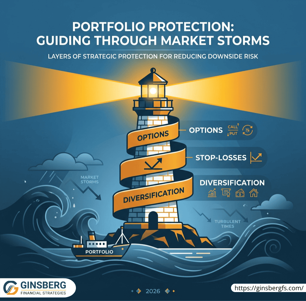 Illustration of portfolio protection strategies using options, stop-loss orders, and diversification guiding investments through market volatility.