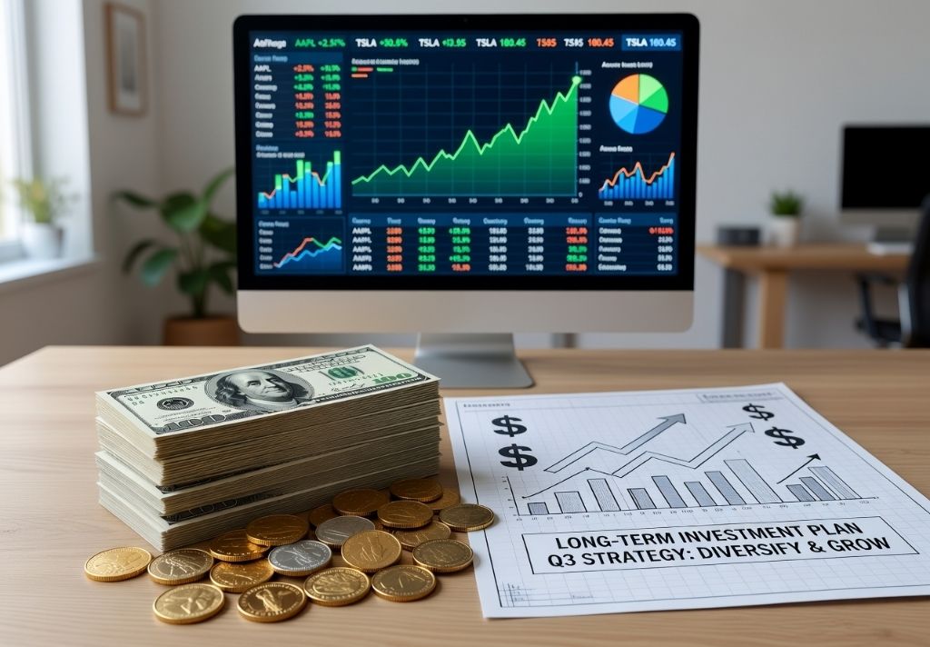 A desk with stacks of cash, coins, and a financial investment report showing upward growth charts, highlighting a long-term investment plan and strategy for diversification and growth.