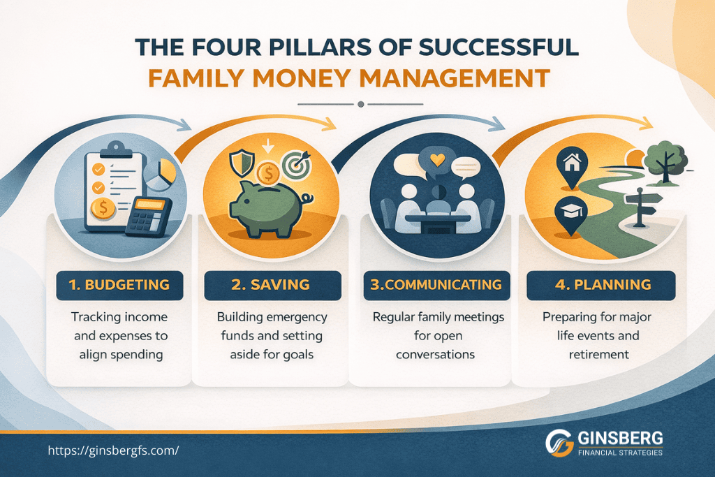 Infographic depicting the four pillars of family money management: budgeting, saving, communicating, and planning with icons and descriptions.