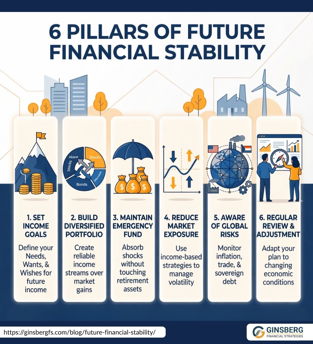 Infographic illustrating the 6 pillars of future financial stability, including setting income goals, building a diversified portfolio, maintaining an emergency fund, reducing market exposure, staying aware of global risks, and regularly reviewing and adjusting plans.