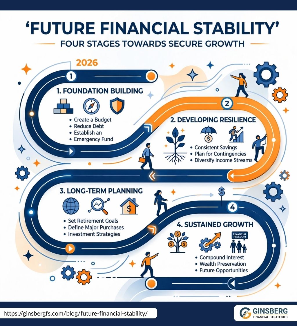 Infographic illustrating the four stages towards secure growth for future financial stability