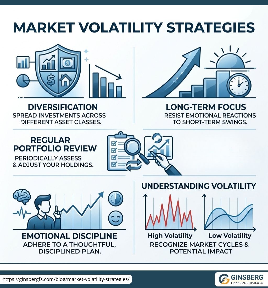 Infographic outlining key market volatility strategies including diversification, long-term focus, portfolio review, and emotional discipline