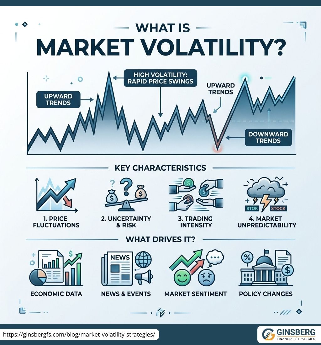 Infographic explaining market volatility with key characteristics and drivers like price fluctuations, uncertainty, and economic data