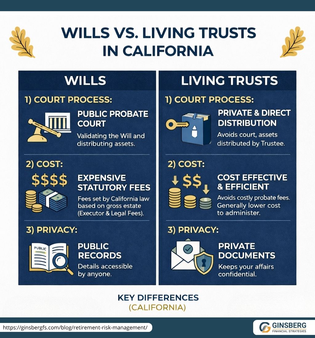 Comparison infographic of wills vs living trusts in California showing differences in court process cost and privacy