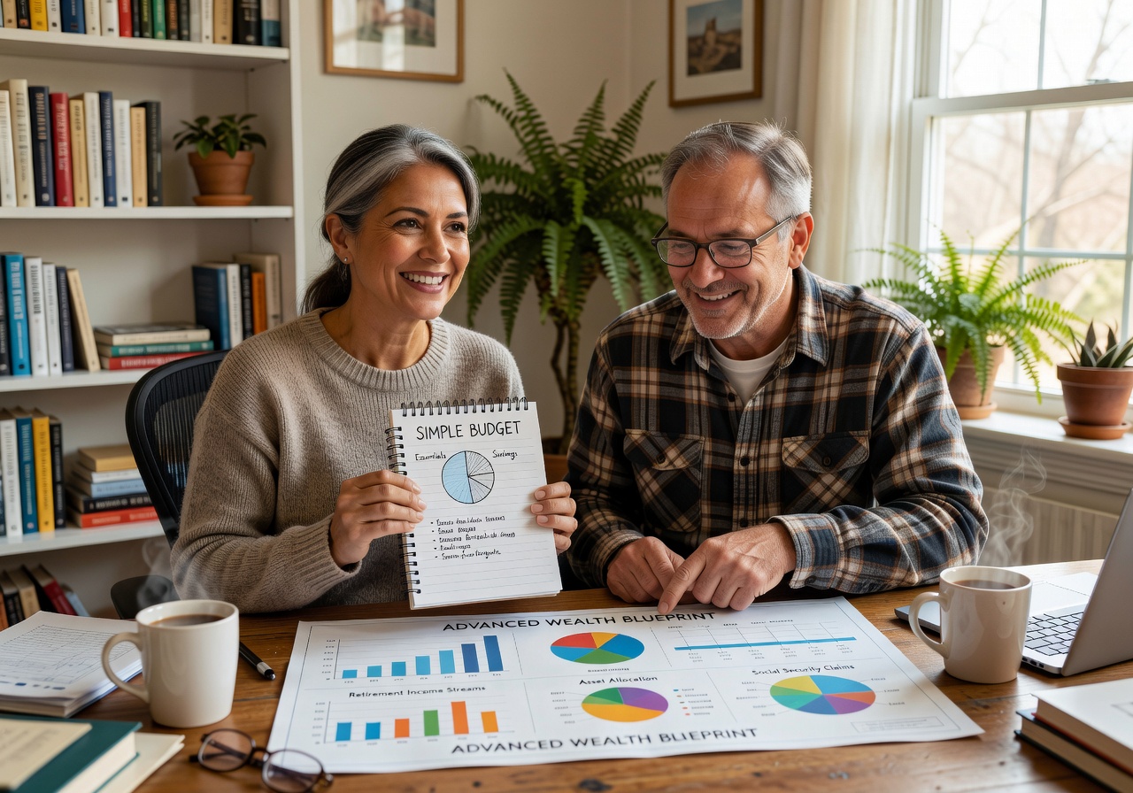 Couple creating a retirement budget and reviewing a wealth planning blueprint at home.
