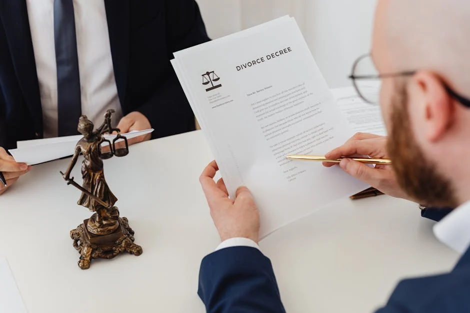 user-inserted Attorney reviewing a divorce decree document during a financial planning consultation.