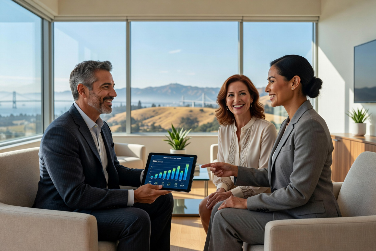 Financial advisor reviewing retirement investment strategy with clients using a tablet in a professional office.
