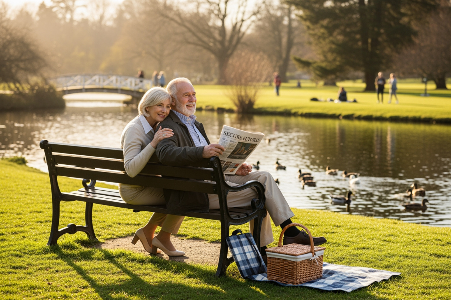 Retired couple sitting by a lake and enjoying a secure financial future in retirement.