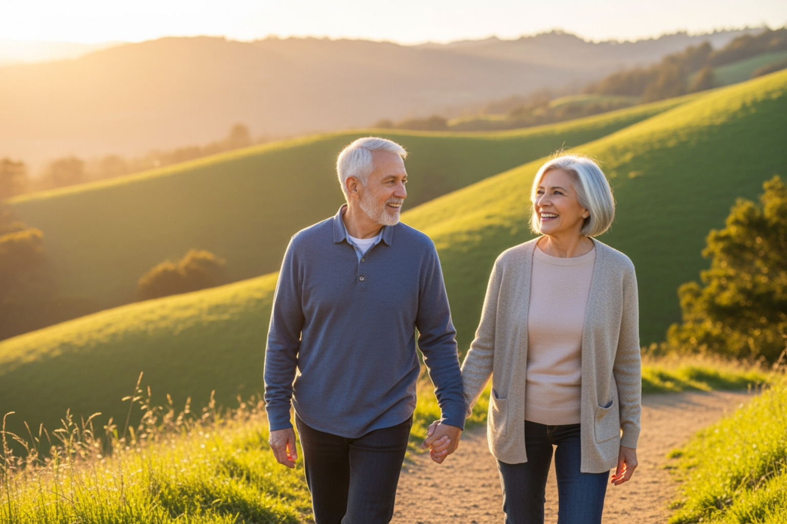 Retired couple walking together through scenic hills while enjoying a secure retirement lifestyle.