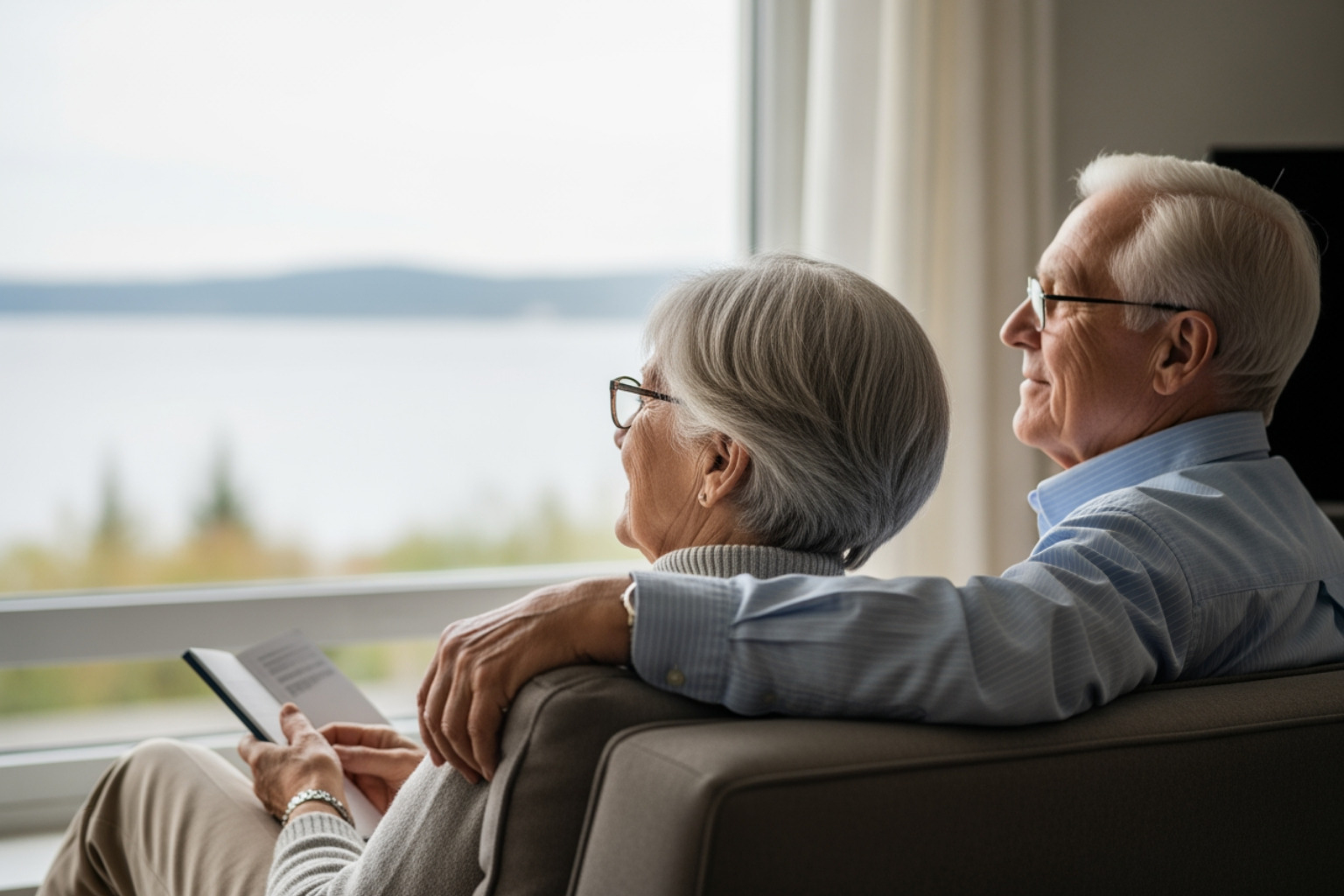 user-inserted Retired couple looking out a window while planning their future with a retirement income strategy.
