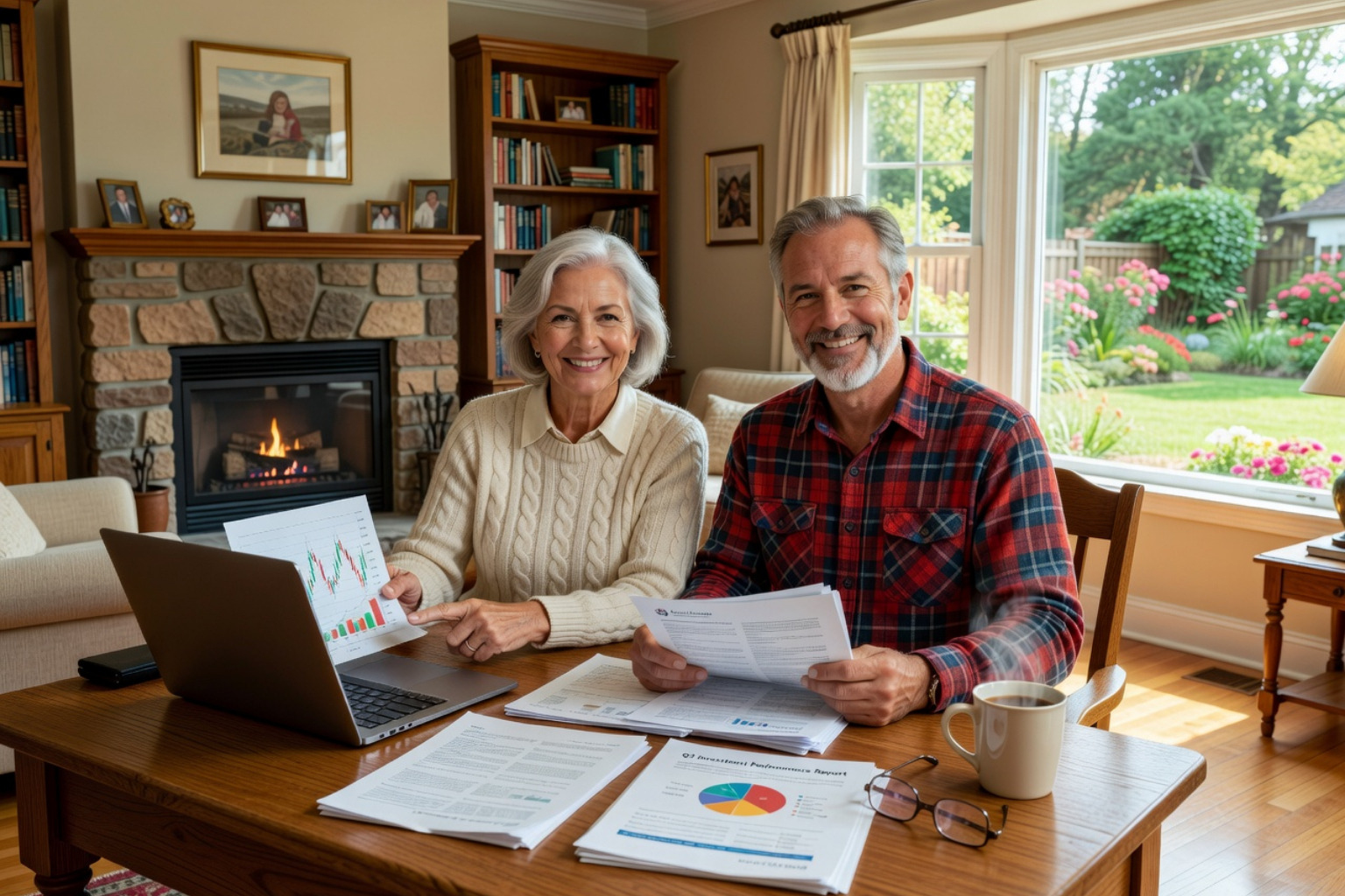 user-inserted A retired couple reviewing financial reports and investment performance together at home, with a cozy living room background and a warm fireplace.