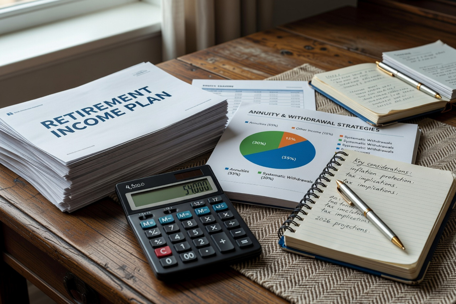 user-inserted Retirement income plan documents with annuity withdrawal strategies, calculator, and financial planning notes on a wooden desk.