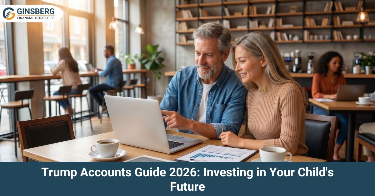 A couple sits in a cozy cafe, smiling and discussing financial documents on a laptop. Text overlays offer investment advice for a child's future.