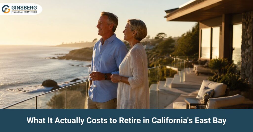 Elderly couple on a sunlit patio overlooks a coastal view with cliffs and ocean. They appear relaxed and content, symbolizing retirement tranquility.