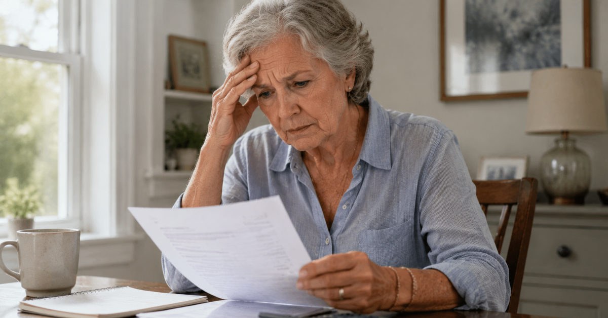 user-inserted Elderly woman reviewing documents, looking thoughtfully at the papers in front of her, surrounded by a cozy environment.