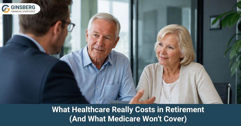An older couple sits attentively across from a suited advisor in an office setting, discussing retirement healthcare costs. Text below highlights Medicare gaps.
