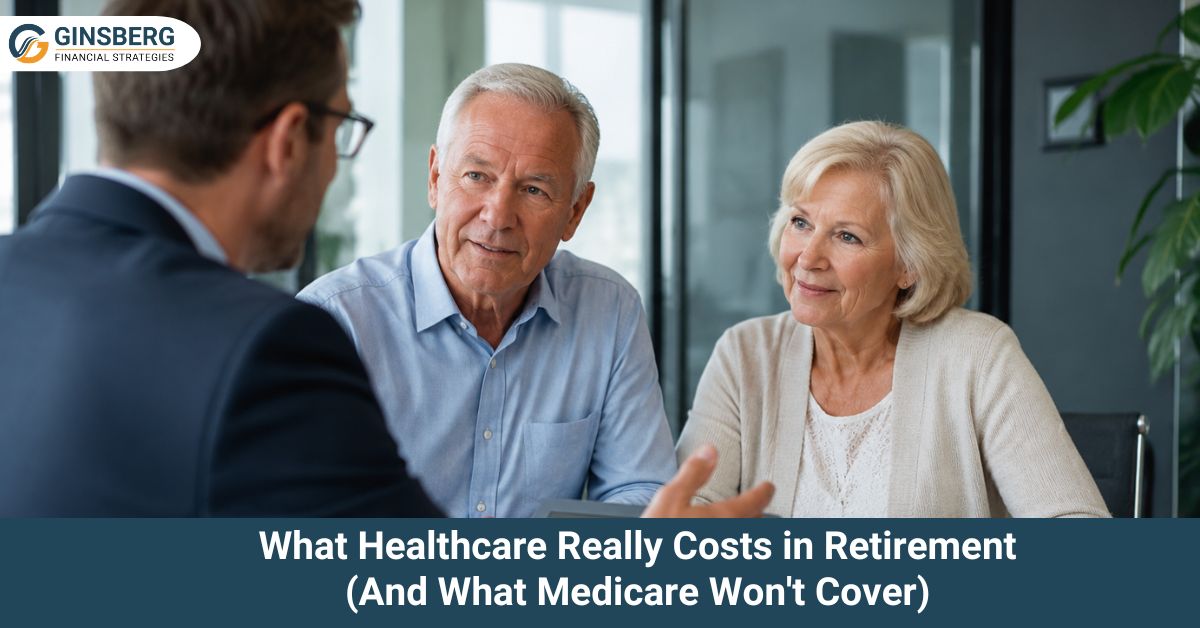 An older couple sits attentively across from a suited advisor in an office setting, discussing retirement healthcare costs. Text below highlights Medicare gaps.