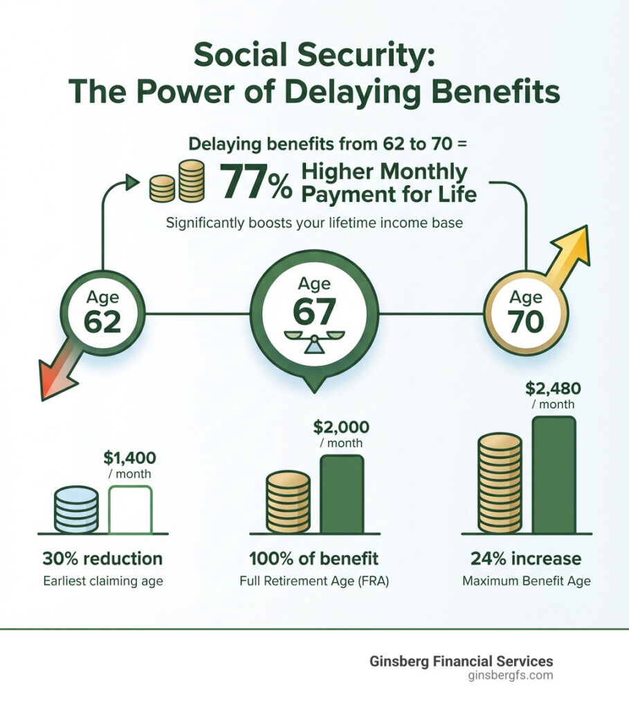 Infographic showing Social Security benefit amounts by claiming age: Age 62 shows $1,400/month (30% reduction), Age 67 (Full Retirement Age) shows $2,000/month (100% of benefit), and Age 70 shows $2,480/month (24% increase). The graphic illustrates that delaying benefits from 62 to 70 results in a 77% higher monthly payment for life. - how to maximize social security income infographic Don't Leave Money on the Table: A Guide to Maximizing Your Social Security 1