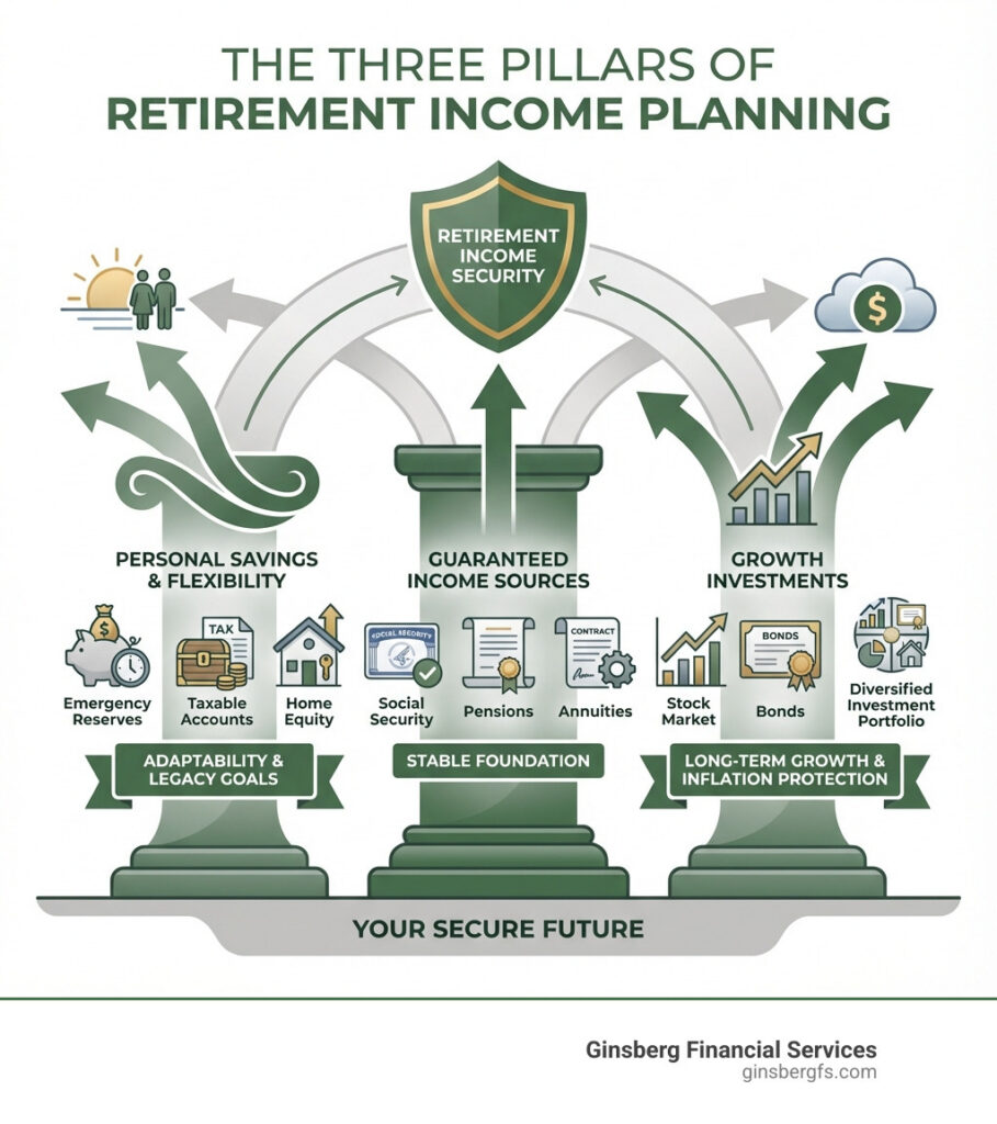 Infographic showing the three pillars of retirement income planning: Guaranteed Income Sources (Social Security, pensions, annuities providing a stable foundation), Growth Investments (stocks, bonds, and diversified portfolios for long-term growth and inflation protection), and Personal Savings & Flexibility (emergency reserves, taxable accounts, and home equity for adaptability and legacy goals) - retirement income planning infographic The Retirement Income Roadmap: Navigating Your Path to a Secure Future 1