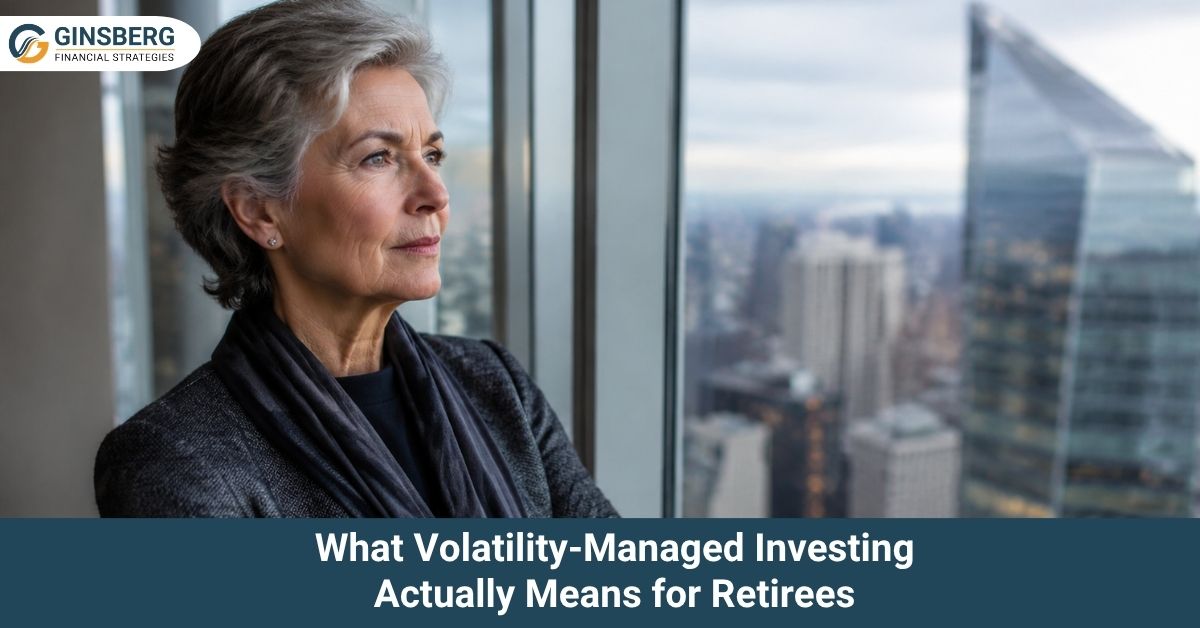 A senior woman looks out a skyscraper window at a city skyline below a text banner about retirement investing.